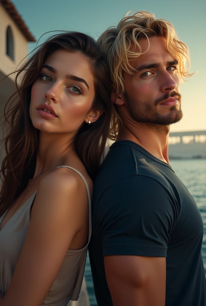 realistic photo of a (pretty girl, 20 years old, brunette, black eyes) at a yatch with her blond boyfriend, (full lips) , ((perfect face)), [[mild smile]], proportionate body,mixed herritage, beautyfull, beautyfull face, tanned skin, two arms, two legs, five fingers by hand, full body, (curly black long hair), brunette girl and blond man at small ship across river, [photo taken from back] , (award winning photo), (realistic), nikon, canon, Sigma 85mm f/8
