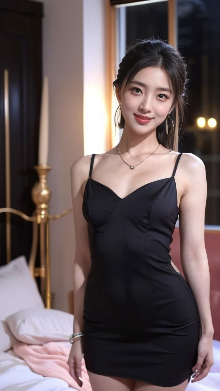 masterpiece、high quality、High resolution、detailed、masterpiece, formal, (Mature women standing in a row。:1.4), (Bodycon, Micro Dress), (detailedな瞳孔, Perfect Eyes:1.2), (Wrinkles are frequent, Shiny clothing that reflects light:1.2), Sparkling, Sparkling輝く金色, (Hoop Earrings), necklace, latex, Glowing Skin, Attractive perfect female proportions, Captivating smile,  detailedな表面テクスチャ, Wicked Smile, (((night:1.5, Bed in a dark room:1.5)))、On the bed