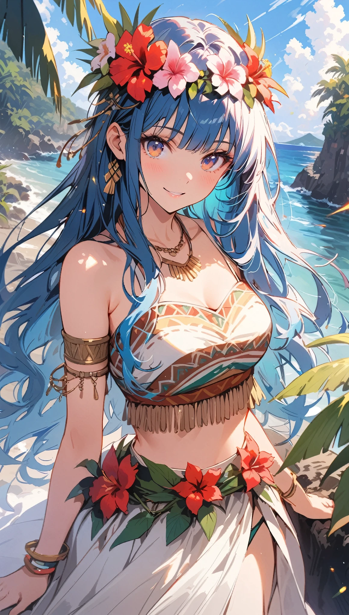 1girl, (((blue hair, hime haircut, long hair))), brown eyes, (highest quality, 8k, 4k, High resolution, masterpiece:1.2), Super detailed, anime style:0.9, photorealistic, Bright colors, Depth of the bounds written, blurred background, cowboy_shot, alone,  beautiful face details, beautiful eyes, long eyelashes, soft lips, (small face), (smile:1.3), Rear view, Pose with movement, slim body, 
BREAK
//Fashions 
Polynesian Hula Costume,
Transport yourself to the islands of Polynesia with a traditional hula costume, perfect for festive tribal celebrations, Start with a grass skirt or pareo in natural or vibrant hues, adorned with floral or tribal prints, Pair it with a fitted crop top or bikini top featuring similar motifs for a cohesive look, 
BREAK
Accessorize with flower leis worn around your neck and wrists, along with a floral crown or headband, Add shell or bead jewelry, such as necklaces, bracelets, and anklets, to enhance the tropical vibe, Style your hair in loose waves or braids adorned with flowers or tropical foliage, Finish the look with barefoot sandals or flat sandals adorned with flower embellishments, This costume captures the essence of Polynesian culture and the joyous spirit of tribal celebrations like luaus and hula festivals,
BREAK
