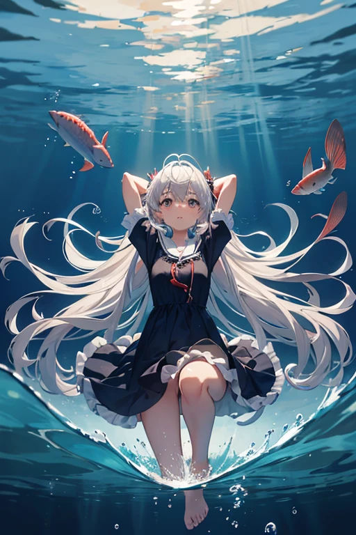 masterpiece, Highest quality, High resolution，Follow the on-screen instructions、Anime Style、Follow the on-screen instructions、One Girl、Long silver hair、Coral Reef、fish、Drop position、Falling、Look up, bend your knees, and reach your arms out toward the water.、Staring at the surface of the water、Deep Sea、Angle is horizontal