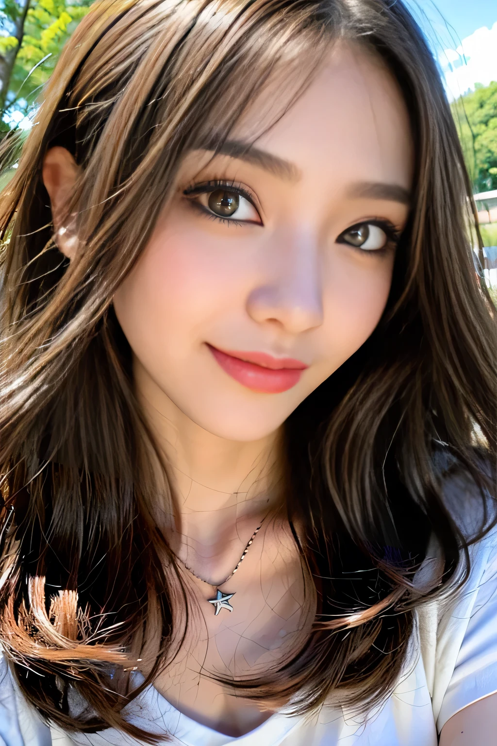 ((highest quality、8K、masterpiece:1.3))、Shooting at sea、Angle from below、Gal Makeup、Ganguro Makeup、blue eyes、Beautiful feet、Cleavage、Butt、No sleeve、Wearing shorts。、One Girl、Beautiful Japanese Women:1.3、(Long Hair、 outside:1.2)、 Pink leopard print bikini:1.2、Beautiful woman with perfect style：1.4、Perfect Eyes、Calm eyes、Natural smile、Perfect Iris、Perfect Lips、golden skin、Do not polish、Super detailed face、Delicate eyes、double eyelid、Soft Breasts、Laughter、Exposed cleavage、