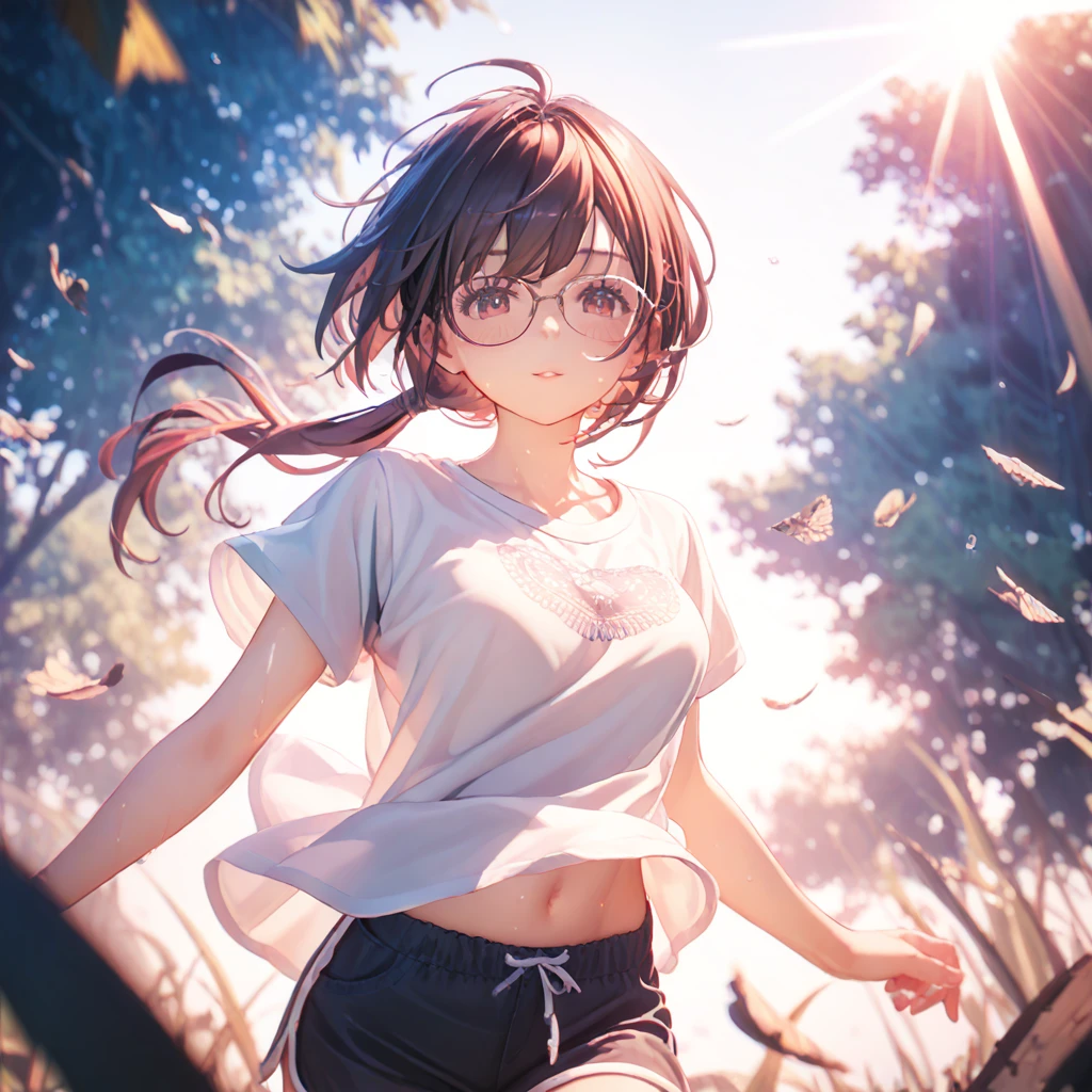 (by mitsumi misato:1), best quality, absurdres, highres,source_anime,ultra-detailed,,break,1girl, tomboy, glasses, short hair, low ponytail, medium breasts, beautiful detailed eyes, shorts, sweat, sleepily, outdoors, wind, (Detailed Lighting), (Detailed background),break,(clear line illustration:1.2), super detailed skin, shiny skin, very aesthetic, Best sexual lighting powered by famous artist, 8k, 16k, cute picture,beauty illustration,photoshop_(medium),,(Detailed Lighting),best anime 8k konachan wallpaper, pixiv contest winner, 