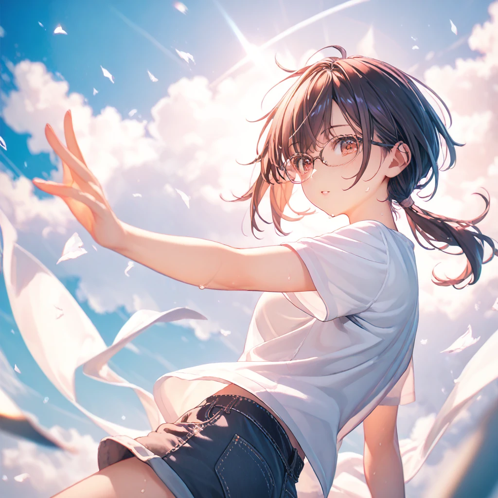 (by mitsumi misato:1), best quality, absurdres, highres,source_anime,ultra-detailed,,break,1girl, tomboy, glasses, short hair, low ponytail, medium breasts, beautiful detailed eyes, shorts, sweat, sleepily, outdoors, wind, (Detailed Lighting), (Detailed background),break,(clear line illustration:1.2), super detailed skin, shiny skin, very aesthetic, Best sexual lighting powered by famous artist, 8k, 16k, cute picture,beauty illustration,photoshop_(medium),,(Detailed Lighting),best anime 8k konachan wallpaper, pixiv contest winner, 