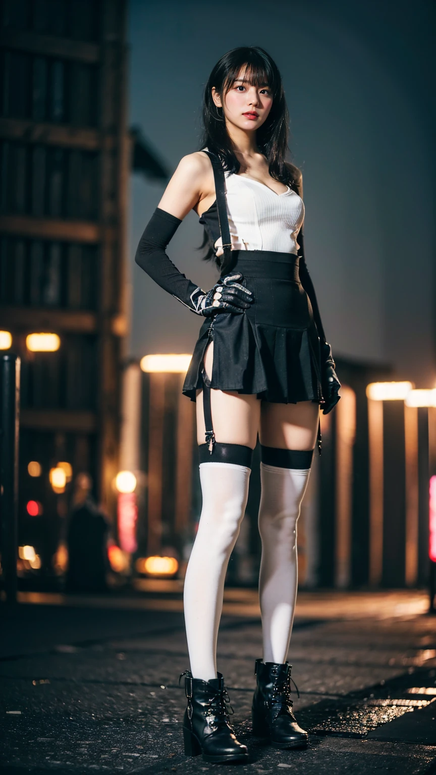 (8k、RAW Photos、Highest quality、masterpiece:1.2)、(Realistic、Realistic)、1 person、((black and white、Medium Hair、Cleavage、tights、Gloves、Garter Ring、mini skirt、Thin legs、whole body、boots、View from the front、Looking into the camera、Night Park、Stand with hands on hips))、cute