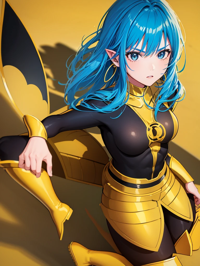 1girl, solo, dark hair, pointy ears, Hoop earrings, long hair, bang, blue hair, simple background,  Samurai armor, yellow armor, tall boots, yellow boots 