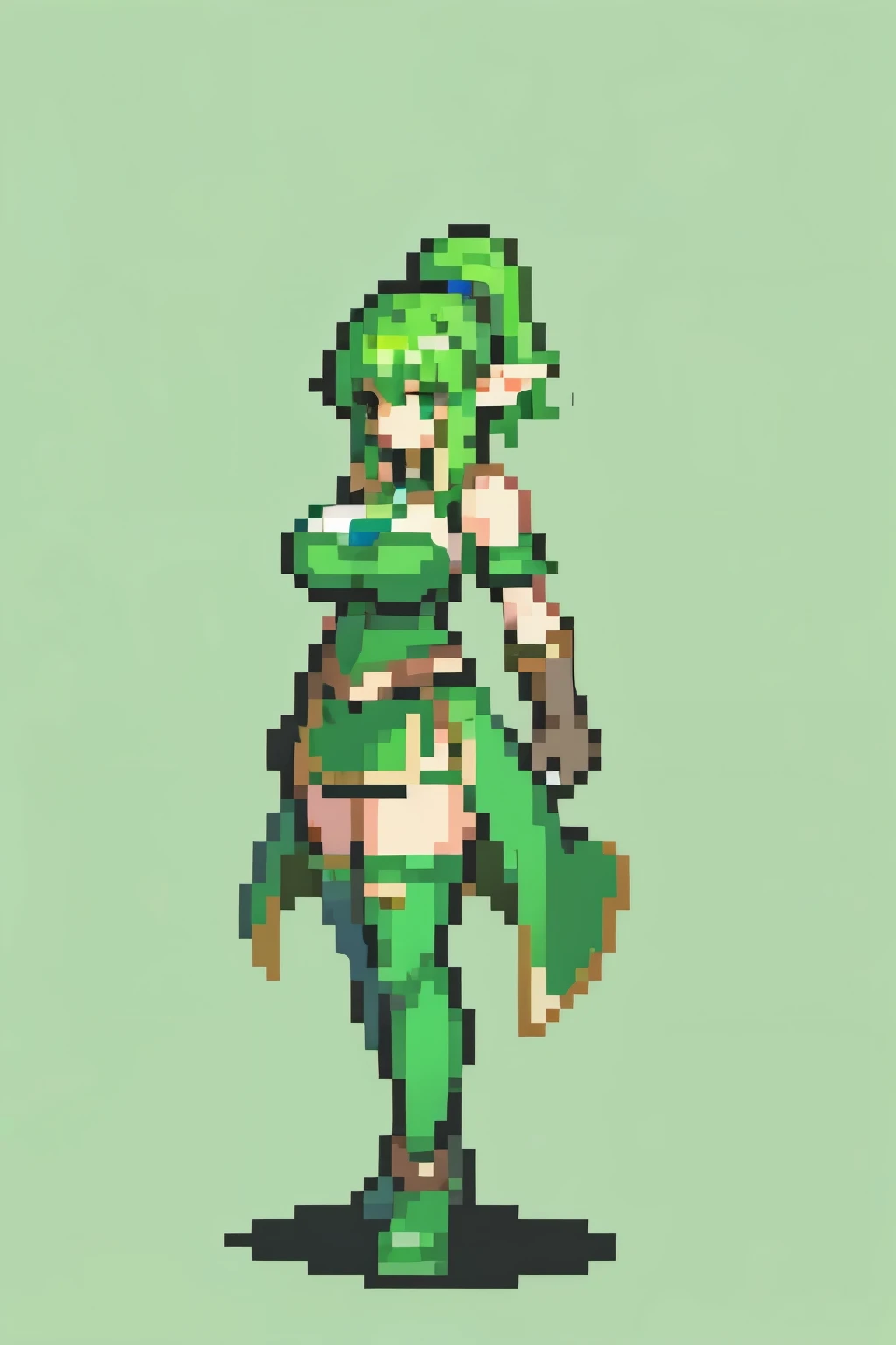 1girl, light skin, short green tousled hair with a red streak, black eyes, white pupils, black and green technological suit, expression, dark circles, anime style, digital art, pixel art, showing naked tits