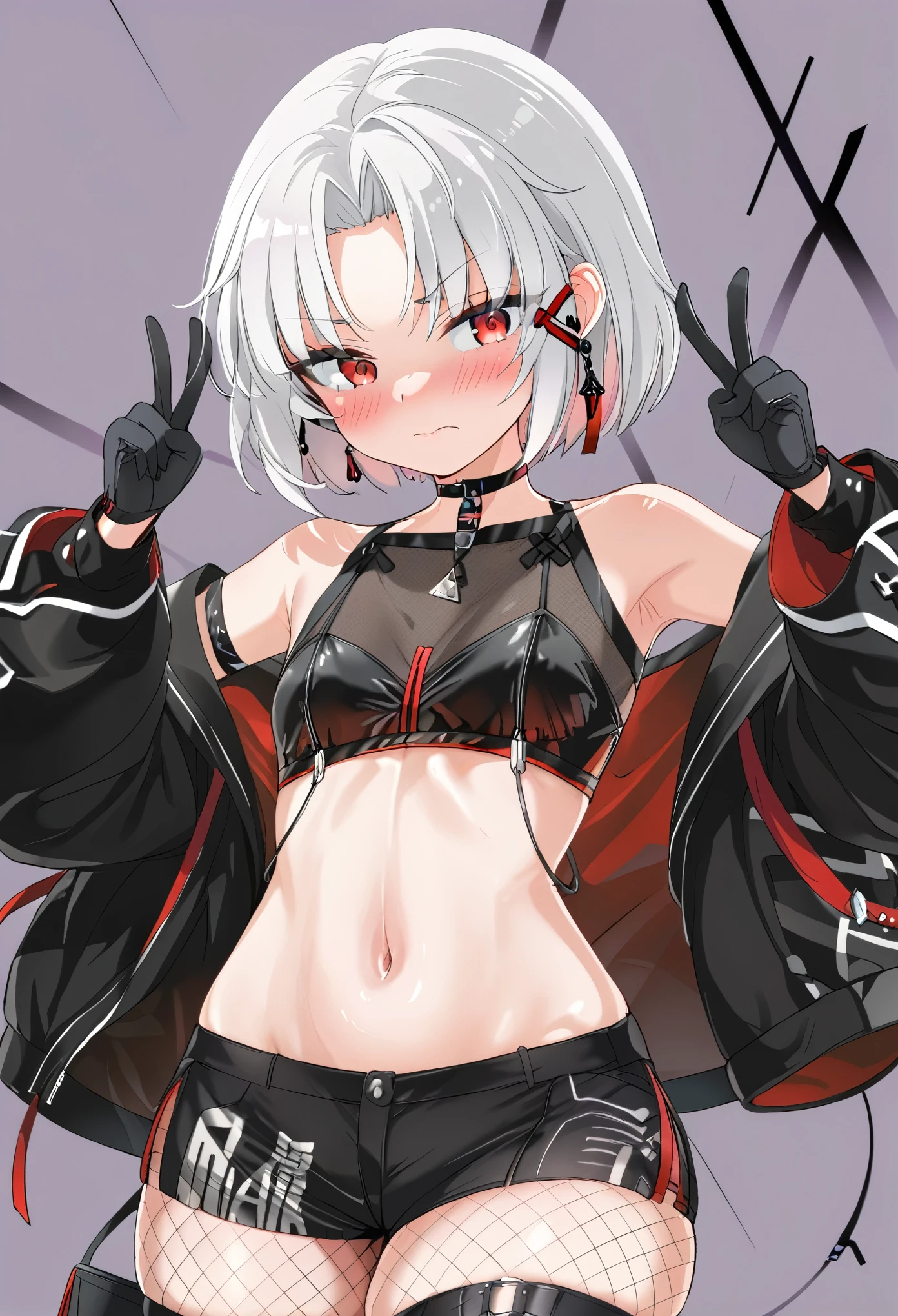 Perfect Face、drakercr, short hair, white hair, red eyes, earrings, x hair ornament, black jacket, off shoulder, choker, crop top, midriff, navel, black shorts, fishnet pantyhose, black gloves, thigh strap,(Small convex breasts,slimwoman),Upper Body、Double Peace、(blush、Hot body、Embarrassed expression:1.2)、cute