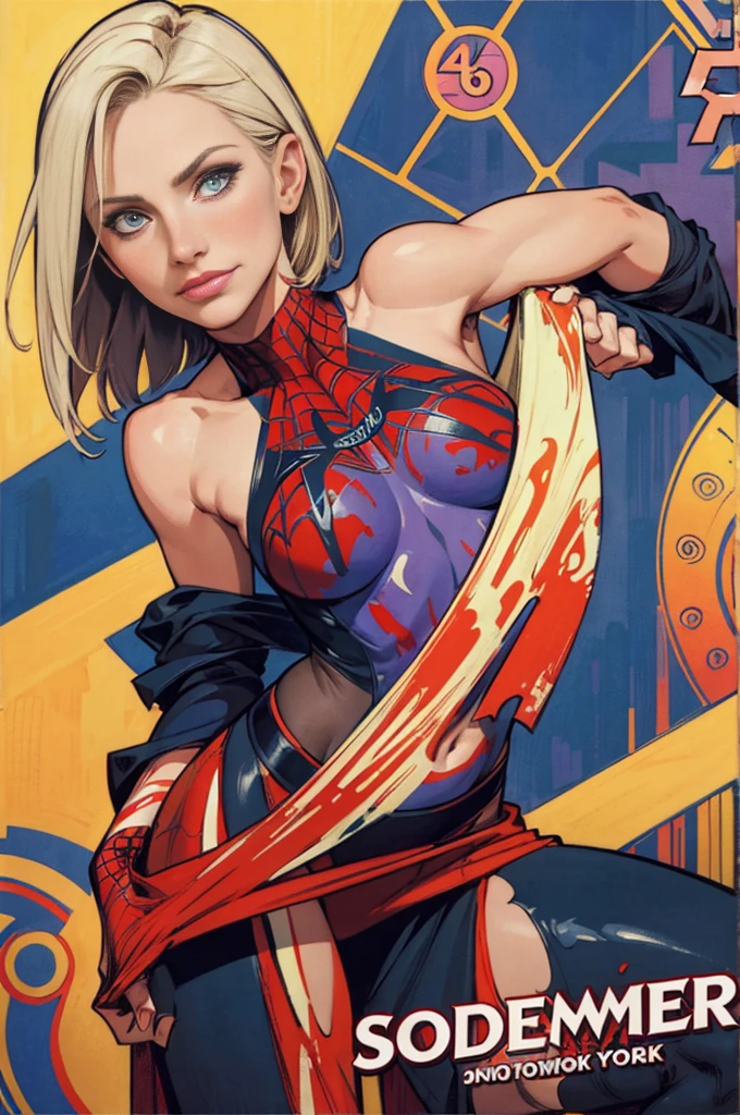 Elisha Cuthbert、stick out the navel、new york、wearing a torn spiderman suit、Wearing a skirt、Abstract and realistic、Artistic、Alphonse Mucha paintings(masterpiece、Highest quality、High resolution:1.4)、detailed、Exquisite detail、4K、Splashes of color、Line art、Fibonacci、