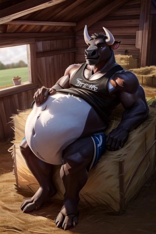 bull anthro,vore belly,big belly,high quality, high resolution, 4K,8K, tank top,male vore,underwear,ultra detailed ,big lump, lying in hay, barn.