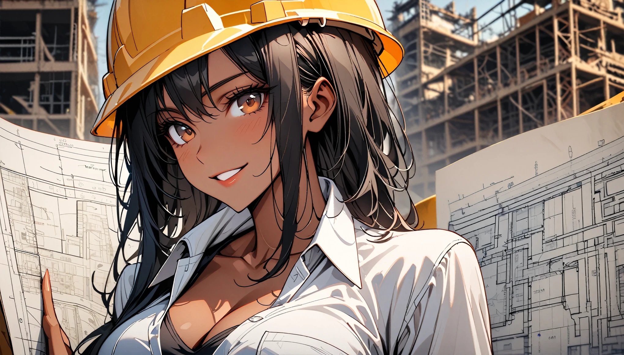 female, sfw, tall, broad shoulders, tan skin, black hair, wavy hair, brown eyes, large breasts, hard hat, plaid shirt, jeans, cleavage, black undershirt, construction site, smile, construction plans, blue plans, hands on table, solo