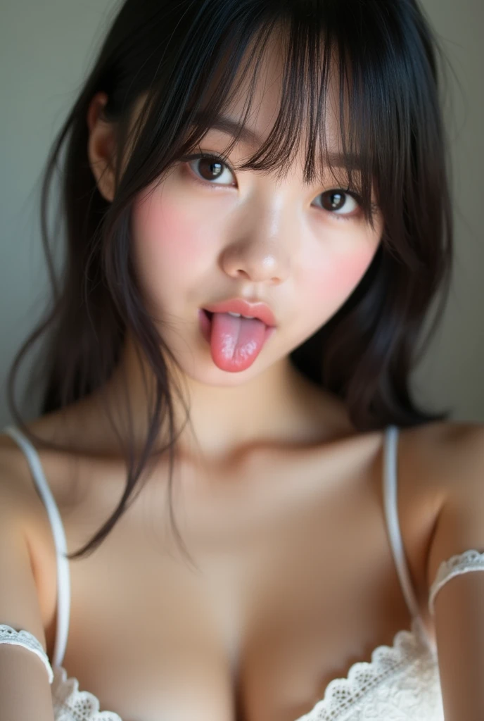 Bathrobes,bare shoulder,(open mouth:1.5),(tongue out:2),lying,hand between legs,overhead shot,front view,face focus,(1girl,Beautiful 14 year old girl,ager),((Slender,Small breasts,Small face,)),(looking at viewer),Black Hair,bangs,one side up,Beautiful and detailed,(Dimly lit room:1.5),White bed,pillow,Mischievous smile
