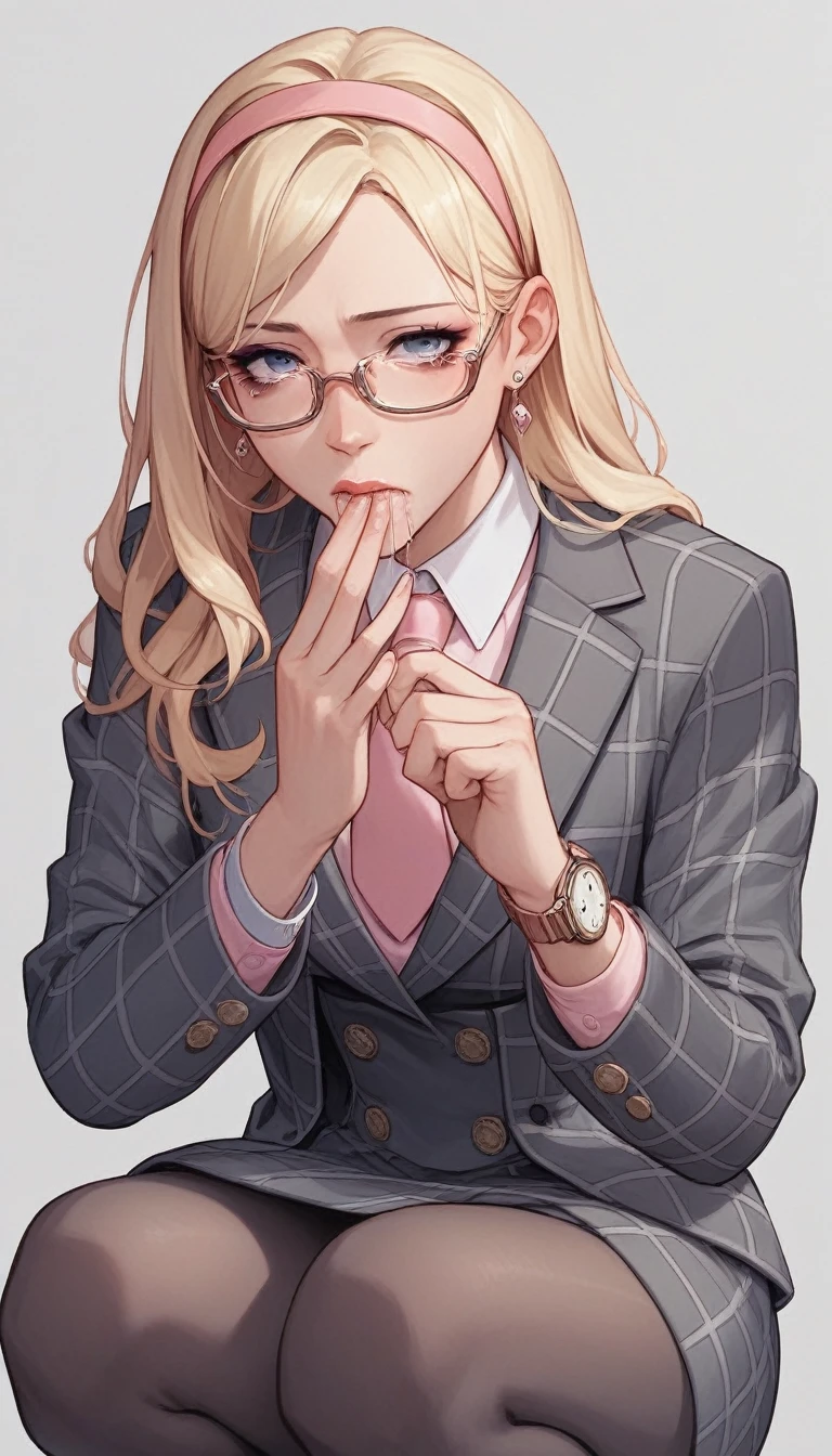 score_9, score_8_up, score_7_up, score_6_up, source_anime, double-breasted suits, 1girl, solo, blonde hair, long hair, swept back hair, hairband, glasses, formal, jewelry, grey plaid suit, pink silk necktie, earrings, jacket, shirt, watch, grey plaid jacket, wristwatch, (((light pink shirt with white collar))), red lips, grey plaid skirt, makeup, pantyhose, cufflinks, black lapel trim, view between legs, implied fellatio, deepthroat, oral testicles, saliva, squatting, clothed female nude female, sucking penis, tears, running mascara