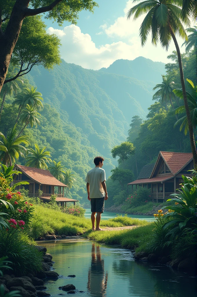 young cute handsome cute beautiful white face soft skin skinny short hair shirtless in a jungle picking up an axe in his hand in the middle of the jungle behind him a house