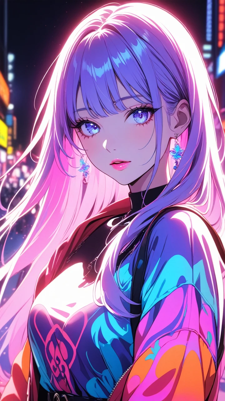 1girl, backlighting, blacklight, beautiful detailed eyes, beautiful detailed lips, beautiful detailed face, long eyelashes, glowing skin, ethereal, mystical, surreal, dramatic lighting, neon, ultraviolet, psychedelic, vibrant colors, high resolution, cinematic, atmospheric, harajuku fashion, AKIHABARA, wide angle 