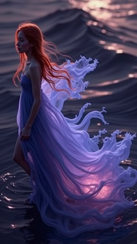 Wide angle, Far view, behind the back of a girl with long flowing blue hair, she is wearing a long elegant pink and white dress, she is standing in the reflection of water. horizon, in front is a giant red moon, big and round moon, red, night sky ghostly, magical, foggy, quiet, 8k, anime, high detail, red metallic and blue, sparkling water, ghibi style