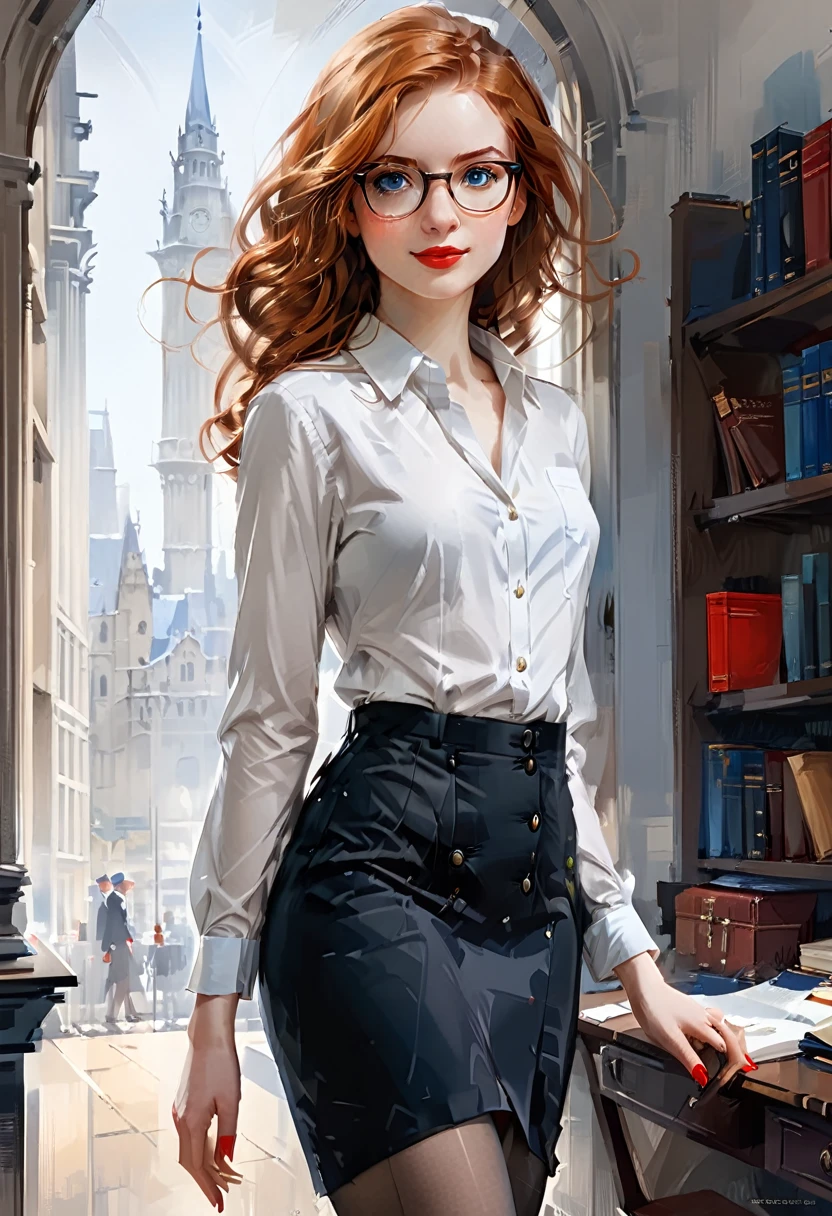 (full body:1.4),((ultra realistic illustration:1.3)), Tall, slender ((redhead:1.2)) woman of Irish descent. (pale:1.3)complexion. blue eyes, cute butt, nice legs. Kind eyes, cute (smile). eyeglasses, red lipstick,blac kblazer, white blouse, gray pencil skirt, tan pantyhose, black stiletto heels. Law office. Masterpiece, (highly detailed:1.2),(detailed face and eyes:1.2), 8k wallpaper, cinematic lighting. core shadows, high contrast, bokeh.