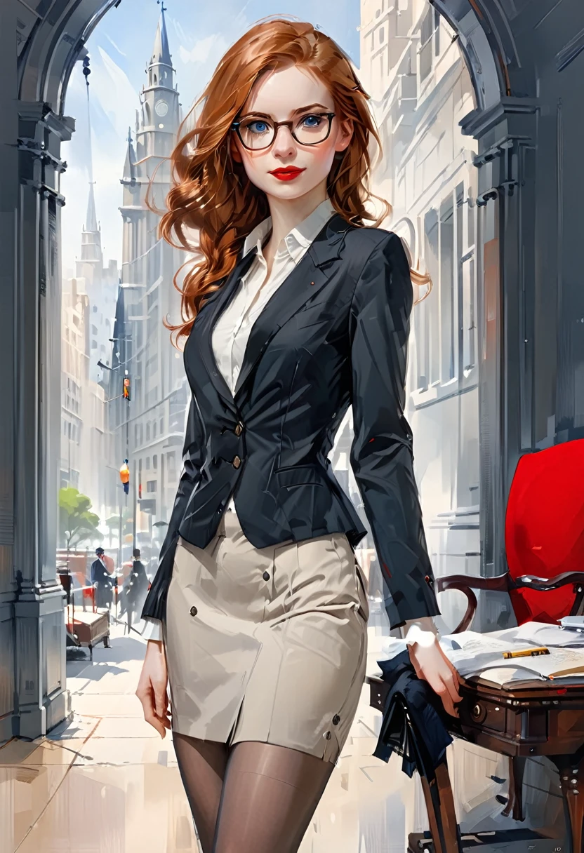 (full body:1.4),((ultra realistic illustration:1.3)), Tall, slender ((redhead:1.2)) woman of Irish descent. (pale:1.3)complexion. blue eyes, cute butt, nice legs. Kind eyes, cute (smile). eyeglasses, red lipstick,blac kblazer, white blouse, gray pencil skirt, tan pantyhose, black stiletto heels. Law office. Masterpiece, (highly detailed:1.2),(detailed face and eyes:1.2), 8k wallpaper, cinematic lighting. core shadows, high contrast, bokeh.