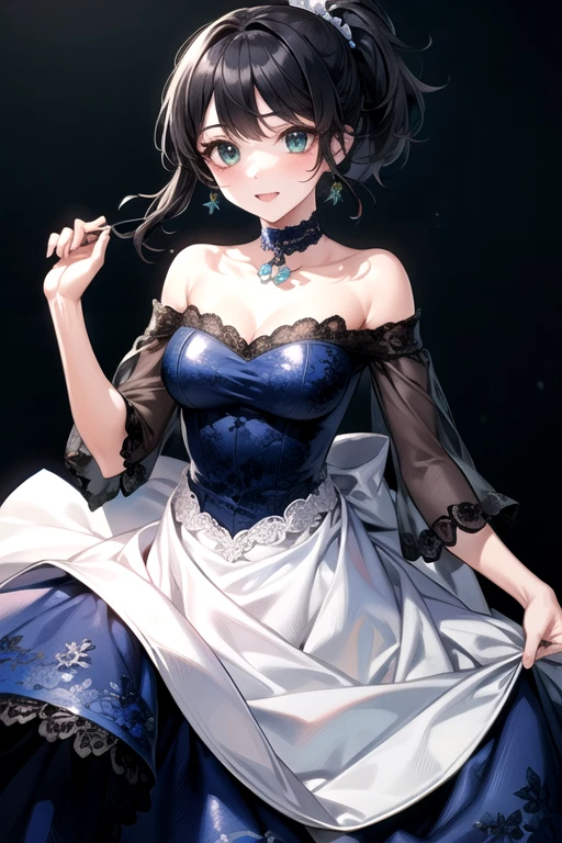 (Highest quality)、(Highest quality)、cute、(choker).eyes are emerald、(ponytail)、(Black Hair)、(Cute Dress).(Navy blue lace dress).