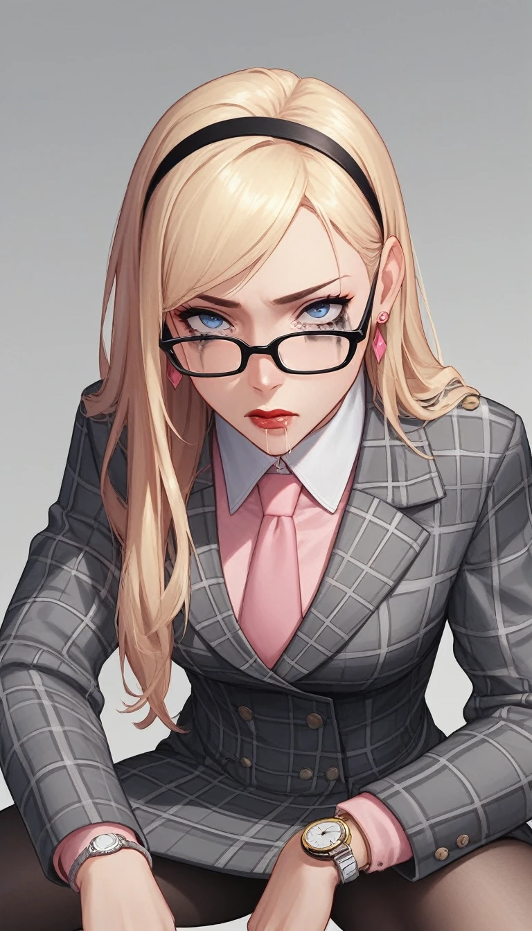 score_9, score_8_up, score_7_up, score_6_up, source_anime, double-breasted suits, 1girl, solo, blonde hair, long hair, swept back hair, hairband, glasses, formal, jewelry, grey plaid suit, pink silk necktie, earrings, jacket, shirt, watch, grey plaid jacket, wristwatch, (((light pink shirt with white collar))), red lips, grey plaid skirt, makeup, pantyhose, cufflinks, black lapel trim, view between legs, implied fellatio, deepthroat, oral testicles, saliva, squatting, clothed female nude female, sucking penis, tears, running mascara, three-piece suit, waistcoat