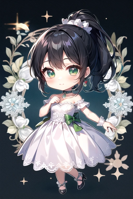 (Highest quality)、(Highest quality)、cute、(choker).eyes are emerald、(ponytail)、(Black Hair)、(Cute Dress).(Lace dress).((Chibi character)).