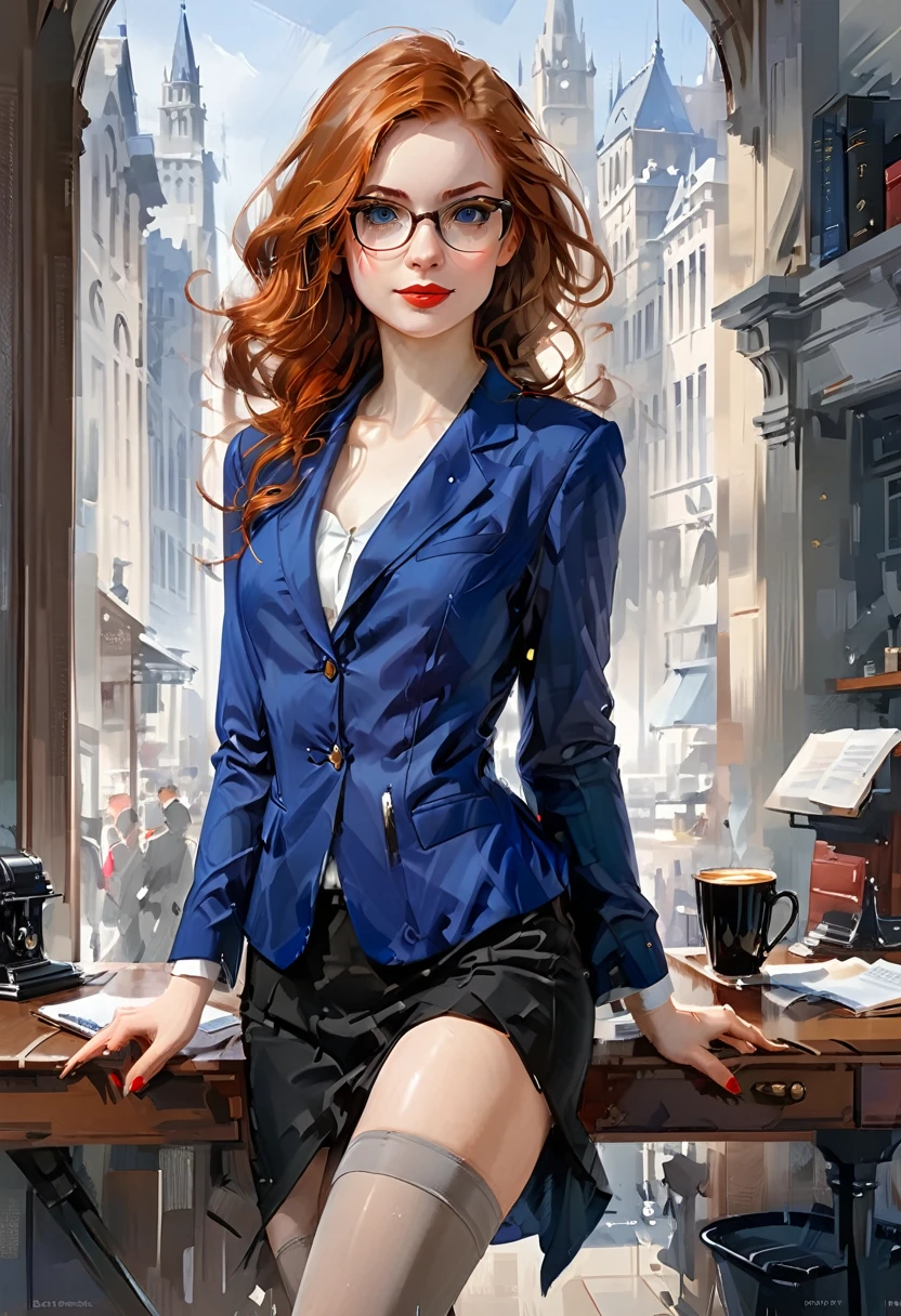 Enjoying a cup of coffee.(full body:1.4),((ultra realistic illustration:1.3)), Tall, slender ((redhead:1.2)) woman of Irish descent. (pale:1.3)complexion. blue eyes, cute butt, nice legs. Kind eyes, cute (smile:1.1). eyeglasses, red lipstick,blac kblazer, white blouse, gray pencil skirt, tan pantyhose, black stiletto heels. Law office. Masterpiece, (highly detailed:1.2),(detailed face and eyes:1.2), 8k wallpaper, cinematic lighting. core shadows, high contrast, bokeh.