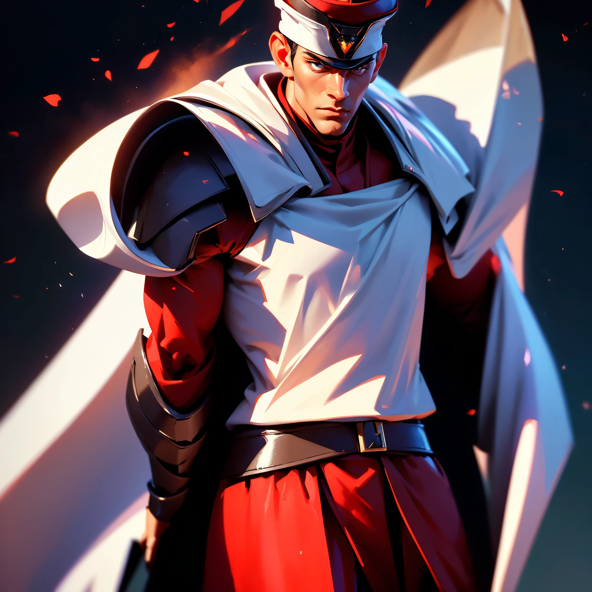 envision a 8k, highres, cinematic, detailed, semi realistic close up face pinup of a handsome young man with a slender muscular body and short shaved fade brown hair, dark eyes, M Bison Suit, red and white military outfit and hat, white cape, (((1boy))), in dark lighting, against a dark background