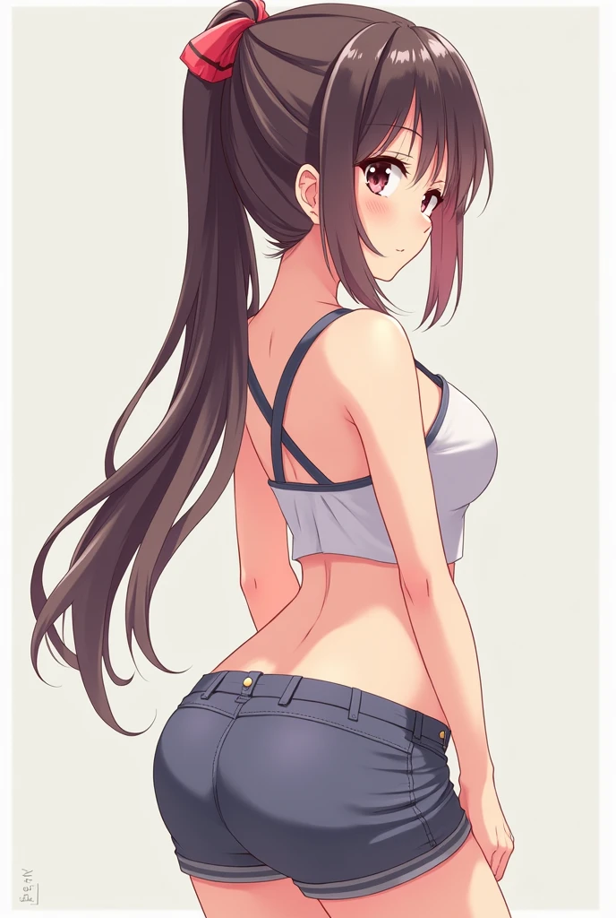 Draw a girl with light skin anime version ,in a blue trikini turned to the right
, voluptuous ,Brown hair, girl thong underwear,blue eyes, formed glutes