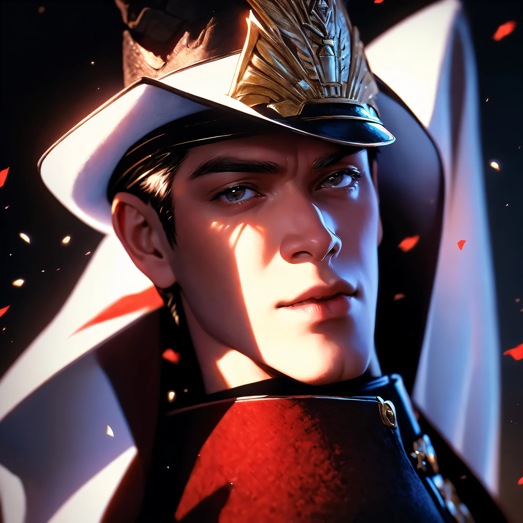 envision a 8k, highres, cinematic, detailed, semi realistic close up face pinup of a handsome young man with a slender muscular body and short shaved fade brown hair, dark eyes, M Bison Suit, red and white military outfit and hat, white cape, (((1boy))), in dark lighting, against a dark background