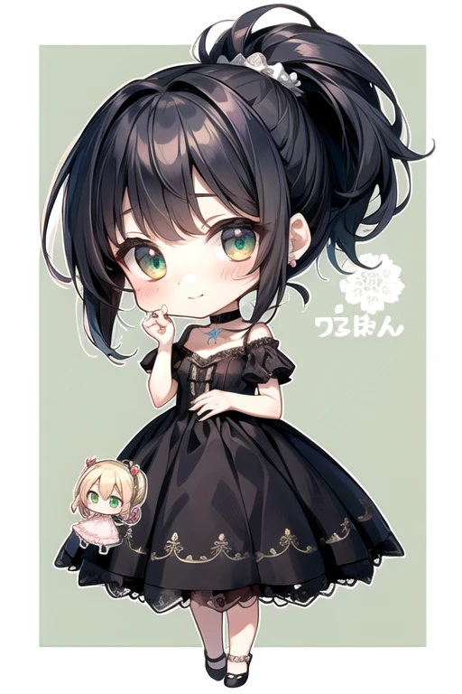 (Highest quality)、(Highest quality)、cute、(choker).eyes are emerald、(ponytail)、(Black Hair)、(Cute Dress).(Lace dress).((Chibi character)).