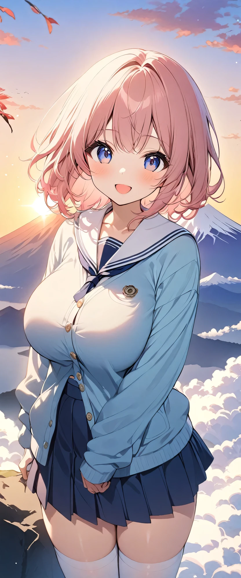 1girl in, Yuigahama Yui, , Short hair, Pink hair, (large boob),
(Best Quality, hight resolution, 4K, Detailed Lighting,
Smile, blush, Open mouth,
(See-through white camisole),Sweat,
Strapless, no-bra,
at noon, Summer,
Into the cloud,