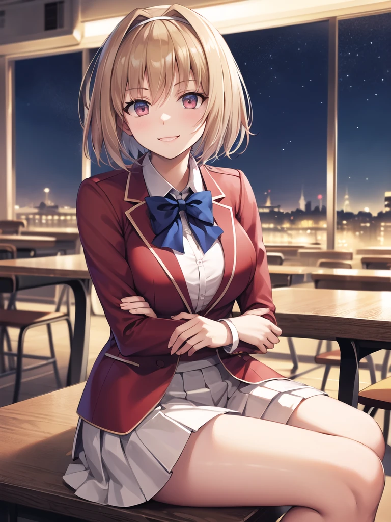 masterpiece, vibrant colours, best quality, detailed, highres, absurdres, score_9, score_8_up, score_7_up, aakikyo, short hair, hair intakes, white hairband, blue bowtie, collared shirt, blazer, red jacket, long sleeves, white skirt, pleated skirt, black socks, cowboy shot, sitting, arms crossed, smirking, schoolroom, nighttime