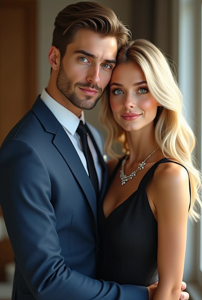 (Photorealism:1.2), man in a suit with a blue tie dark brown hair brown eyes and a woman with blonde green eyes long hair wearing a blue dress at an elegant 8k ultra realistic photorealistic super detailed the best possible