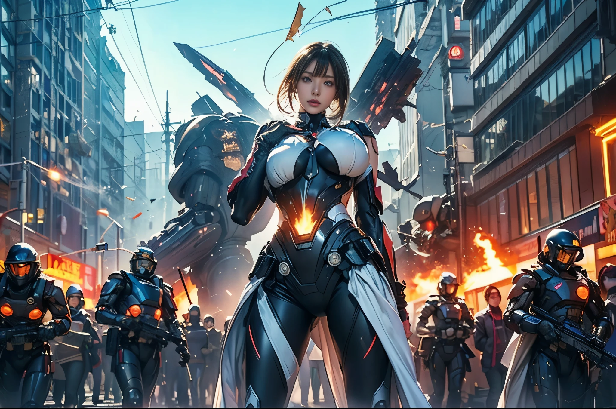 (Highest quality、4K、8k、High resolution、masterpiece: 1.2)、Very detailed、(Genuine、photoGenuineistic、photoGenuineistic: 1.37)、Destruction of a Great City、(A woman with telekinetic powers stands in front of a mecha operated by the invaders:1.37) 、(Women are young and beautiful、1、Unparalleled beauty:1.5)、Inserting mental barriers to resist robot attacks、Bustling city、Bright colors、Shining skyscrapers、Busy Street、Futuristic architecture and technology、Advanced holographic displays、Neon light splashes 、Dramatic lighting、Strong Shadows、The awe-inspiring power of women、There was determination in his eyes、Elegant flowing gown、Dynamic action in the wind、Stretch your arms out and lunge towards the robot.、A powerful energy blasts from the hands.、blue shining aura、sparks of electricity、Electricity crackling in the air、The vortex of energy surrounding women、A fascinating and surGenuine atmosphere、A sense of danger and impending doom、Background chaos and destruction、Crumbling Building、flying debris、Smoke and flames、 The contrast between beauty and destruction、The battle between technology and the extraordinary power of young women。 cr1r3