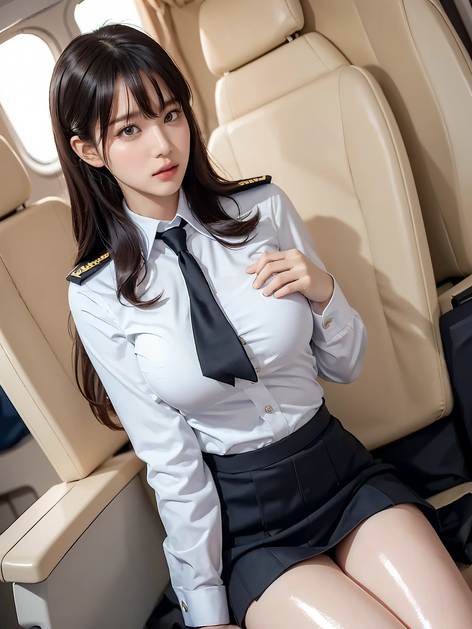 (((Cabin attendant,THAT,uniform))),1 girl,Realistic photo, 1 Korean girl,Big Breasts, Detailed face and body, Natural light, High resolution, photoRealistic, (Highest quality,8k,High resolution,masterpiece:1.2),Very detailed,(Realistic,photoRealistic,photo-Realistic:1.37),Realistic skin texture,Beautiful eyes and lips,Detailed eyes,Beautifully detailed face,Long eyelashes,Smooth Skin,Natural body shape,(Pure Eros Face_1:0.33), (Urzan-6500:0.33),Realistic skin texture,(((whole body,Glossy thighs))),Uniform skirt