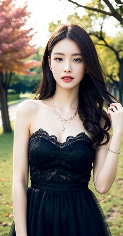 The image is a black and white text that appears to be a description of a necklace. The text is written in a cursive style and is accompanied by a picture of a necklace. The necklace is described as having a "sweetheart" shape, and the text goes on to describe the various details of the necklace, including the lace and the tulle-like fabric. The text also describes the person wearing the necklace, stating that they are also wearing a "delicate" necklace with a "symmetrical" design. The text concludes by suggesting that the background of the image is outdoors, with bare trees.