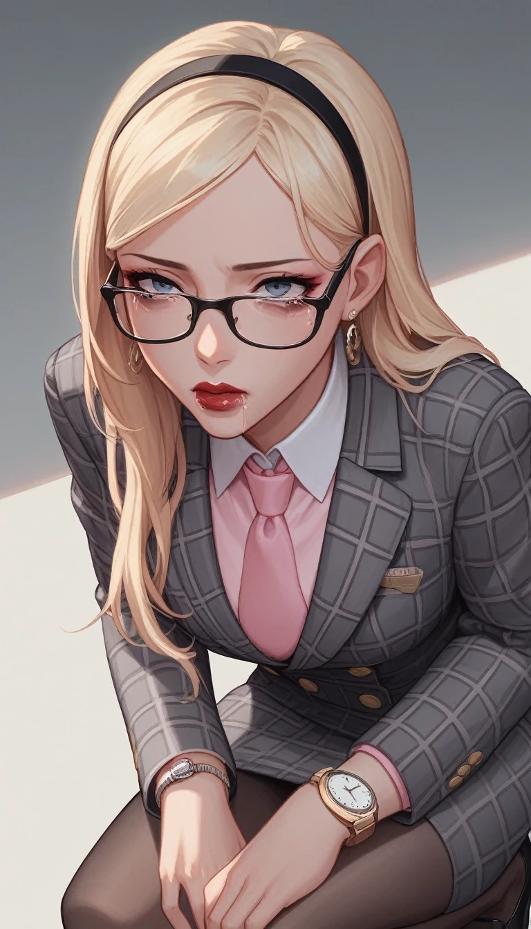 score_9, score_8_up, score_7_up, score_6_up, source_anime, double-breasted suits, 1girl, solo, blonde hair, long hair, swept back hair, hairband, glasses, formal, jewelry, grey plaid suit, pink silk necktie, earrings, jacket, shirt, watch, grey plaid jacket, wristwatch, (((light pink shirt with white collar))), red lips, grey plaid skirt, makeup, pantyhose, cufflinks, black lapel trim, view between legs, implied fellatio, deepthroat, oral testicles, saliva, squatting, clothed female nude female, sucking penis, tears, running mascara, three-piece suit, waistcoat