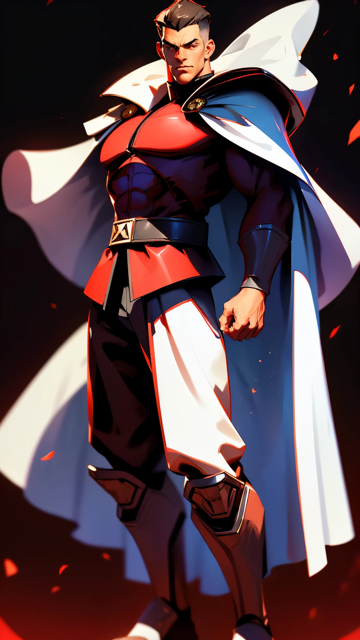 envision a 8k, highres, cinematic, detailed, semi realistic full body pinup of a handsome young man with a slender muscular body and short shaved fade brown hair, dark eyes, M Bison Suit, red and white military outfit and hat, white cape, (((1boy))), in dark lighting, against a dark background