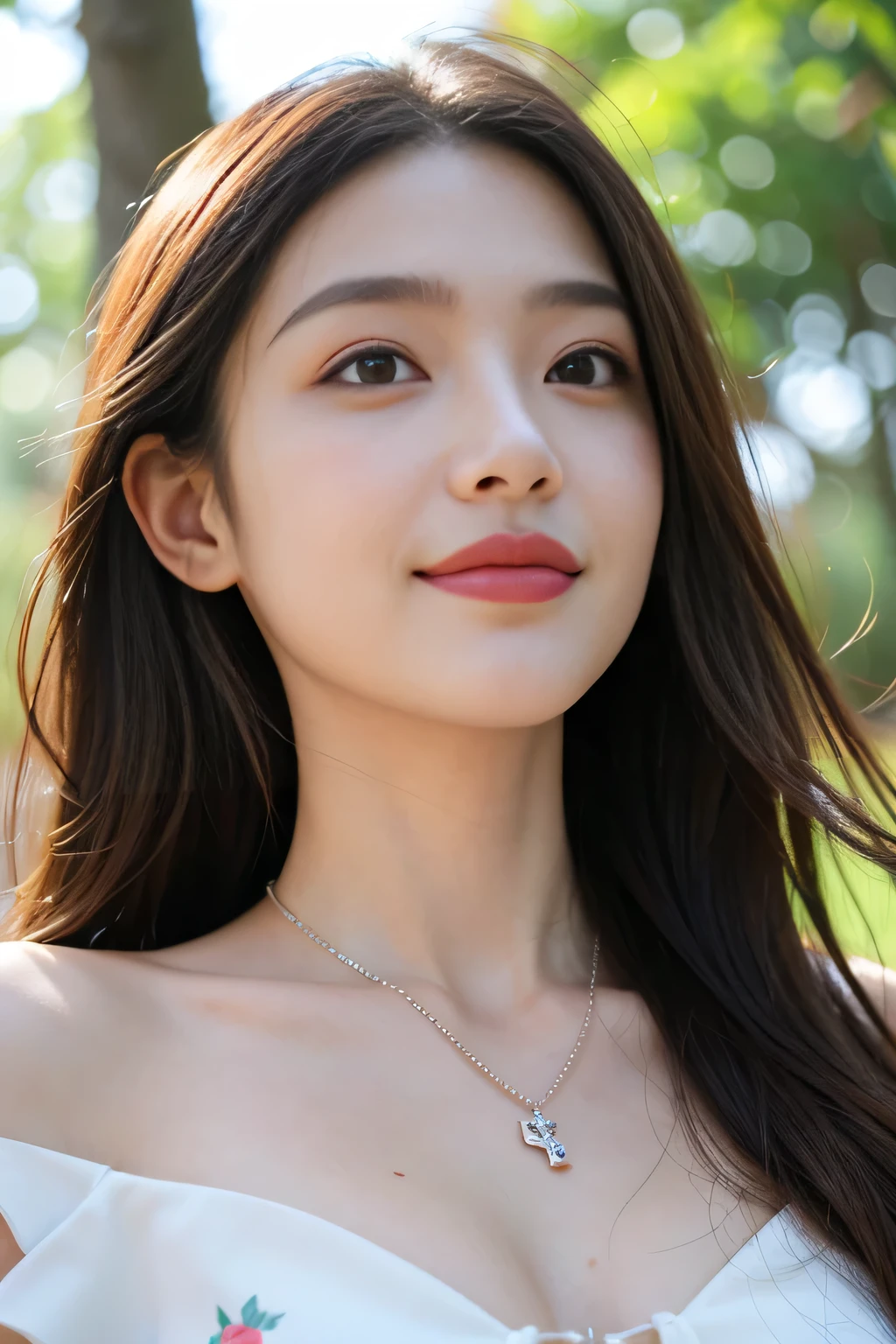 1 Female, Close-up of face, (Firm and beautiful breasts:1.2, Fascinating Cleavage), Light brown hair, Blunt bangs, Hair behind the ear, Hair that falls over the shoulders, Long Hair, Slim figure, (Ultra Fine Face, Thin face, Delicate lips, Beautiful Eyes, Baby Face:1.3), Light blush, eyes are light brown, Perfect glowing skin, Perfect Skin, Shining Sweat,Have a look at this, Ultra-thin needle, Very thin fingers, The optimal ratio is four fingers to one thumb, (Realistic:1.3), Finger Extensions, See-through white blouse, Broadleaf Forest, river, First Person View, fuji film, F/1.2, 8K, Tabletop, Super detailed, high quality, 最high quality, High resolution,