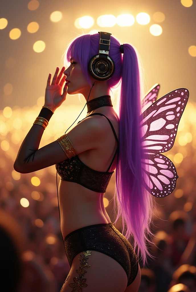 Korean purple hair butterfly woman with headphone and short victorian outfit short shiny outfit in sunset on beach perfect body