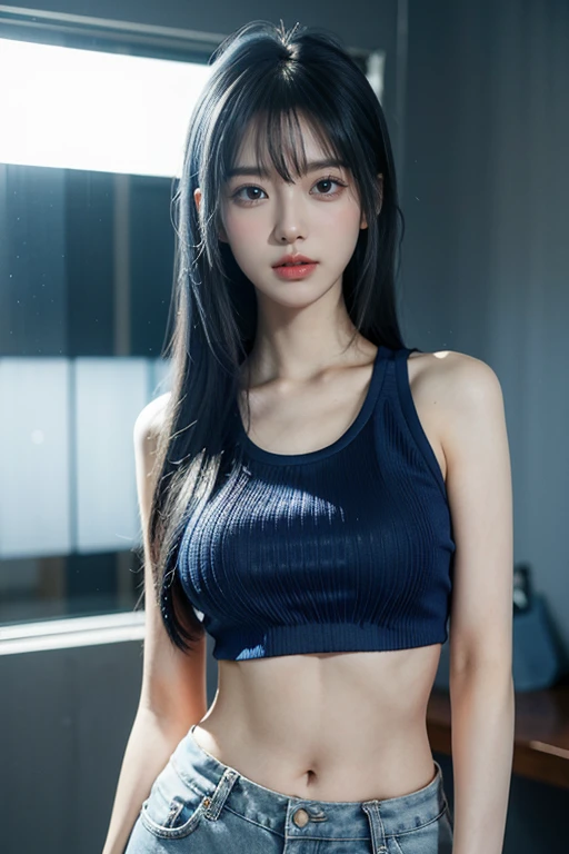 sexy model, cyberpunk style, blue theme, long hair, high contrast (Natural skin texture, Hyperrealism, Soft Light, sharp), portrait, standing, korean, bikini, looking at viewer