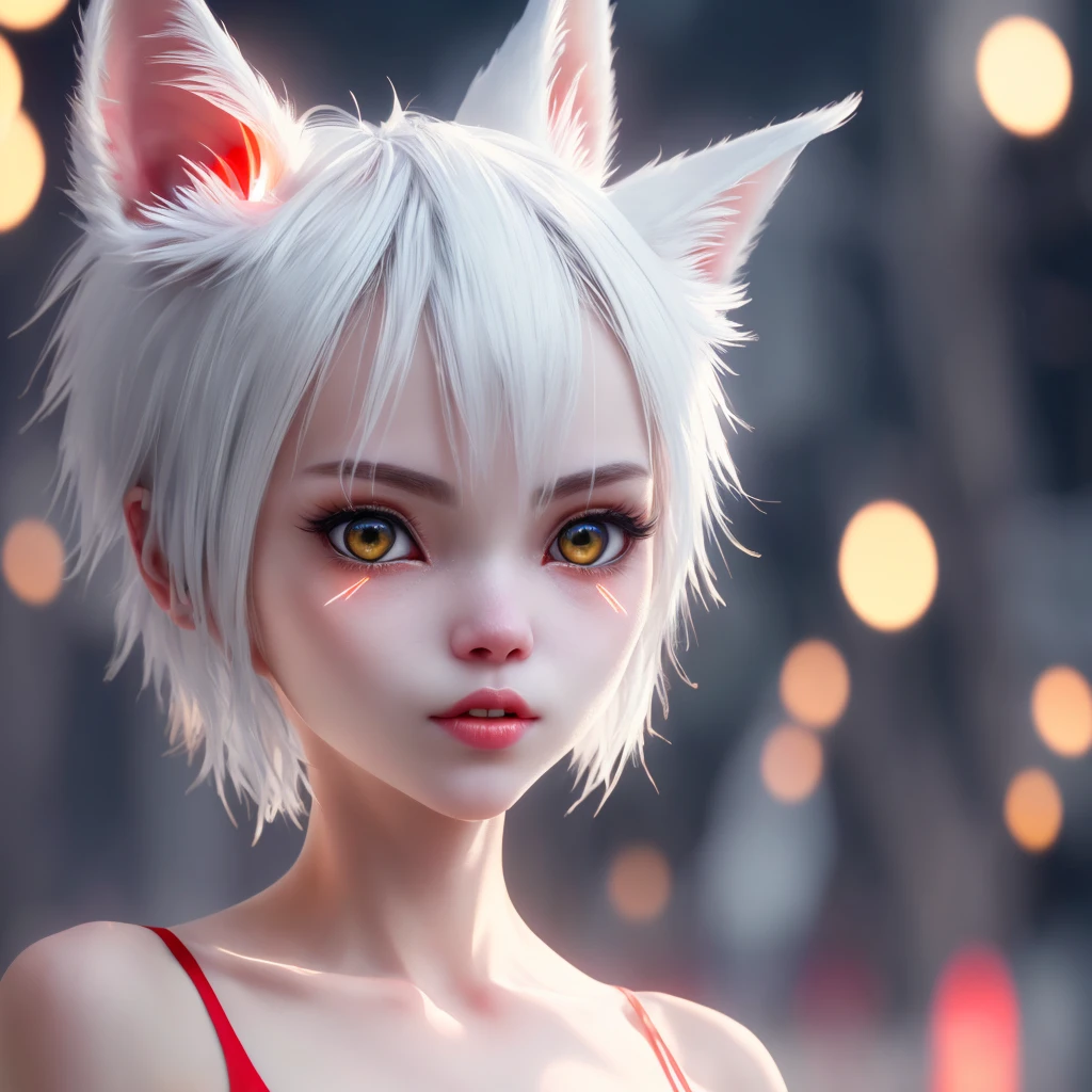 fox girl, cam shot showing off her pussy short hair,white hair,wolf ears, red eyes,pussy cat , super cute face, red elements on fur, beautiful lights and shadows, ambient light, super fine fur, reamy long pale expressionless, BREAK sun glare, bokeh, depth of field,light particles, strong wind,