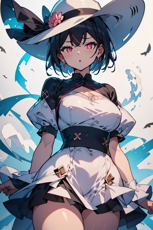 1girl,:o,black_dress,bob_cut,brown_hair,commentary_request,cowboy_shot,dress,hat,highres,looking_at_viewer,osanai_yuki,parted_lips,pink_eyes,puffy_short_sleeves,puffy_sleeves,short_hair,short_sleeves,shoushimin_series,simple_background,solo,teiku_(tokagezaurusu),twitter_username,white_background,white_hat, best quality, masterpiece, nai3
