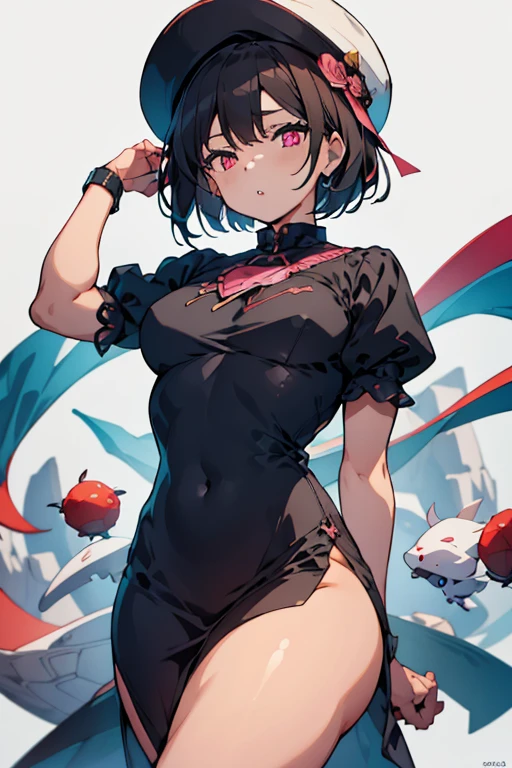 1girl,:o,black_dress,bob_cut,brown_hair,commentary_request,cowboy_shot,dress,hat,highres,looking_at_viewer,osanai_yuki,parted_lips,pink_eyes,puffy_short_sleeves,puffy_sleeves,short_hair,short_sleeves,shoushimin_series,simple_background,solo,teiku_(tokagezaurusu),twitter_username,white_background,white_hat, best quality, masterpiece, nai3
