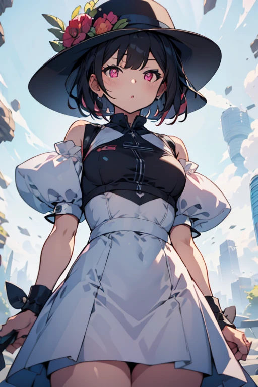 1girl,:o,black_dress,bob_cut,brown_hair,commentary_request,cowboy_shot,dress,hat,highres,looking_at_viewer,osanai_yuki,parted_lips,pink_eyes,puffy_short_sleeves,puffy_sleeves,short_hair,short_sleeves,shoushimin_series,simple_background,solo,teiku_(tokagezaurusu),twitter_username,white_background,white_hat, best quality, masterpiece, nai3
