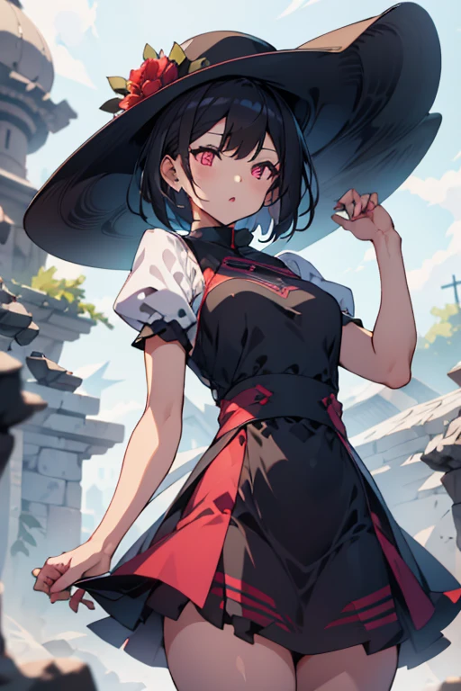 1girl,:o,black_dress,bob_cut,brown_hair,commentary_request,cowboy_shot,dress,hat,highres,looking_at_viewer,osanai_yuki,parted_lips,pink_eyes,puffy_short_sleeves,puffy_sleeves,short_hair,short_sleeves,shoushimin_series,simple_background,solo,teiku_(tokagezaurusu),twitter_username,white_background,white_hat, best quality, masterpiece, nai3
