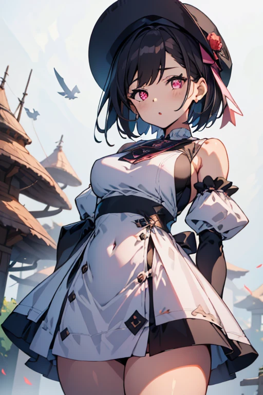 1girl,:o,black_dress,bob_cut,brown_hair,commentary_request,cowboy_shot,dress,hat,highres,looking_at_viewer,osanai_yuki,parted_lips,pink_eyes,puffy_short_sleeves,puffy_sleeves,short_hair,short_sleeves,shoushimin_series,simple_background,solo,teiku_(tokagezaurusu),twitter_username,white_background,white_hat, best quality, masterpiece, nai3
