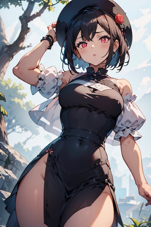 1girl,:o,black_dress,bob_cut,brown_hair,commentary_request,cowboy_shot,dress,hat,highres,looking_at_viewer,osanai_yuki,parted_lips,pink_eyes,puffy_short_sleeves,puffy_sleeves,short_hair,short_sleeves,shoushimin_series,simple_background,solo,teiku_(tokagezaurusu),twitter_username,white_background,white_hat, best quality, masterpiece, nai3
