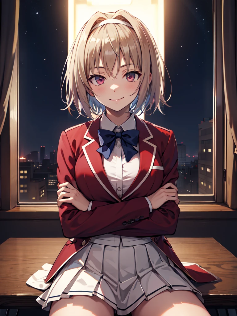 masterpiece, vibrant colours, best quality, detailed, highres, absurdres, score_9, score_8_up, score_7_up, aakikyo, short hair, hair intakes, white hairband, blue bowtie, collared shirt, blazer, red jacket, long sleeves, white skirt, pleated skirt, black socks, cowboy shot, sitting, arms crossed, smirking, schoolroom, nighttime