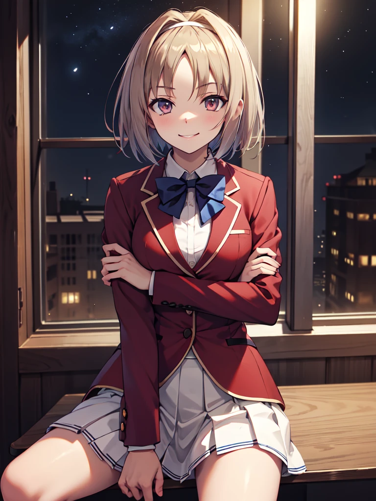 masterpiece, vibrant colours, best quality, detailed, highres, absurdres, score_9, score_8_up, score_7_up, aakikyo, short hair, hair intakes, white hairband, blue bowtie, collared shirt, blazer, red jacket, long sleeves, white skirt, pleated skirt, black socks, cowboy shot, sitting, arms crossed, smirking, schoolroom, nighttime