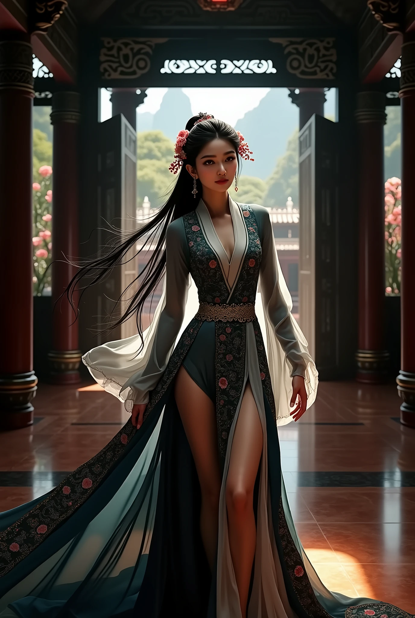 Illustration in styles of Harrison Fisher, Jeremy Mann, Alexandre Cabanel, and Tomer Hanuka, of a stunningly beautiful lady sexy bi boh tits decote em V Escanor girl + Naruto clad in an elegant dress, em seus pés with the contradiction of men's sandália, atmosphere that balances the delicate and the rugged, soft pastel hues for the dress silver Green contrasting their sturdy, leather exterior, textures that interplay tone as if at